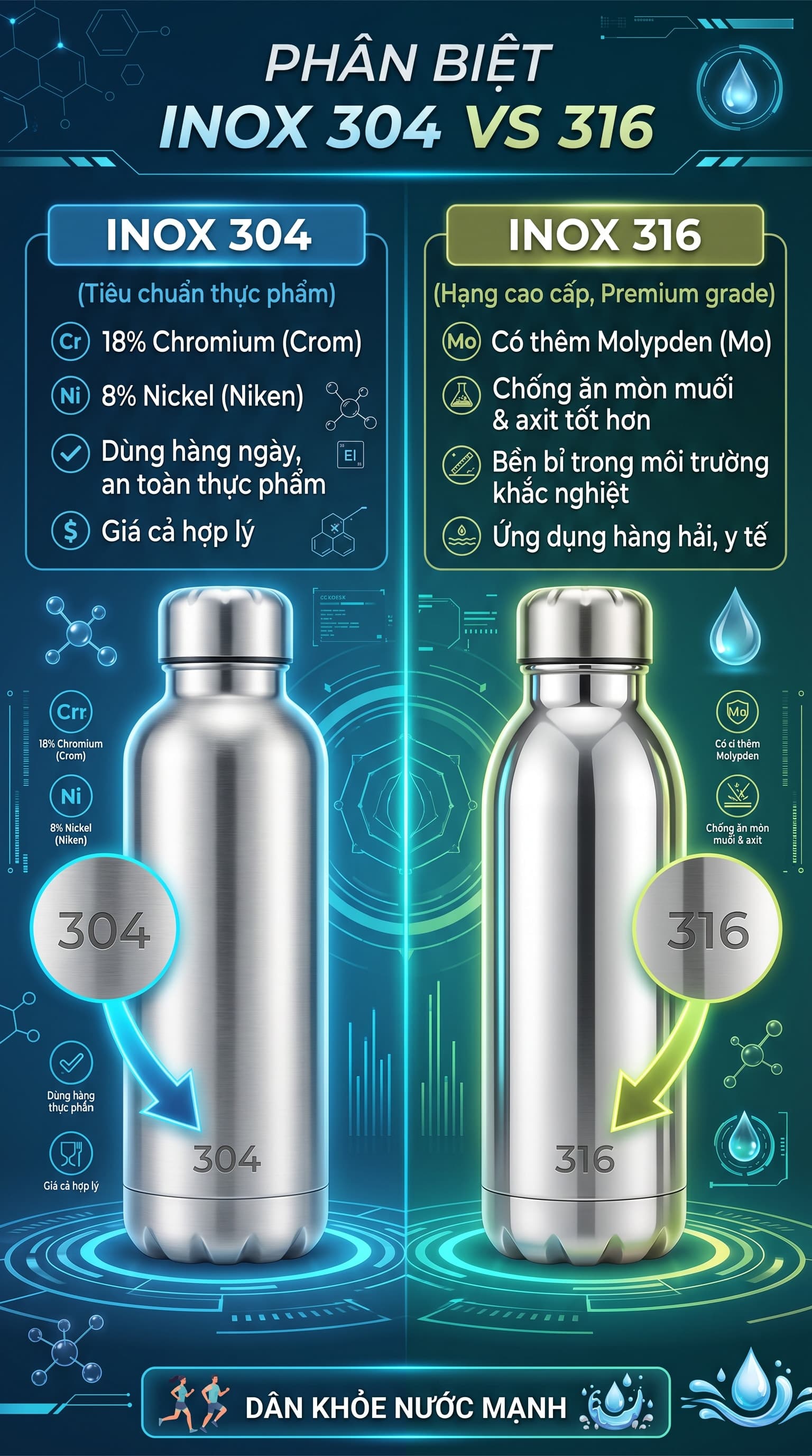 Bình Nước Inox: Giải Mã Sự Khác Biệt Giữa Thép 304 Và 316 Để Chọn Đúng Loại An Toàn