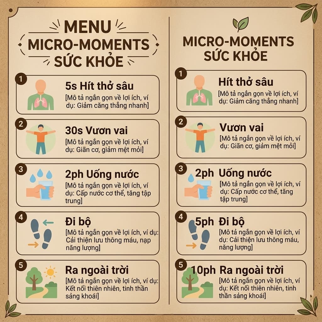 Menu Micro-Moments Sức Khỏe: 5 Giây Để Tái Khởi Động Cơ Thể
